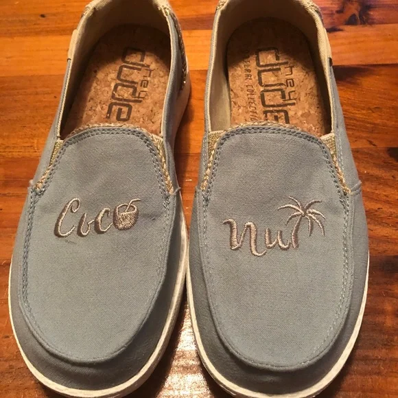 Hey Dude loafers, Size 7, light blue with gold stitching. - Picture 1 of 7
